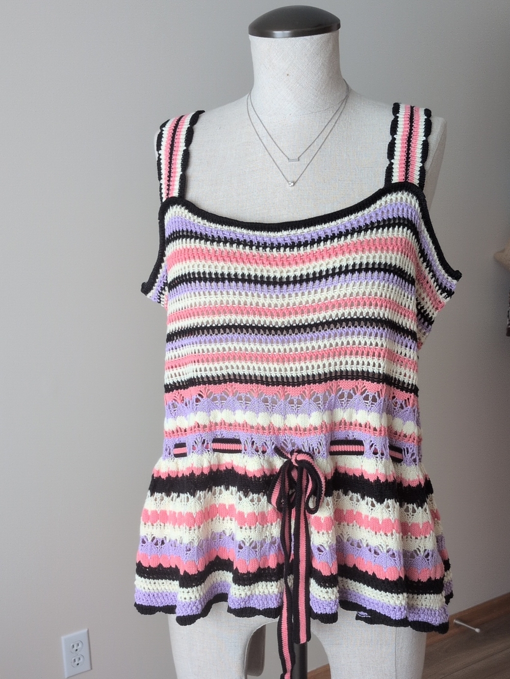 Another Love Med. Striped Crochet Tank Top in Pink, Lavender & Black